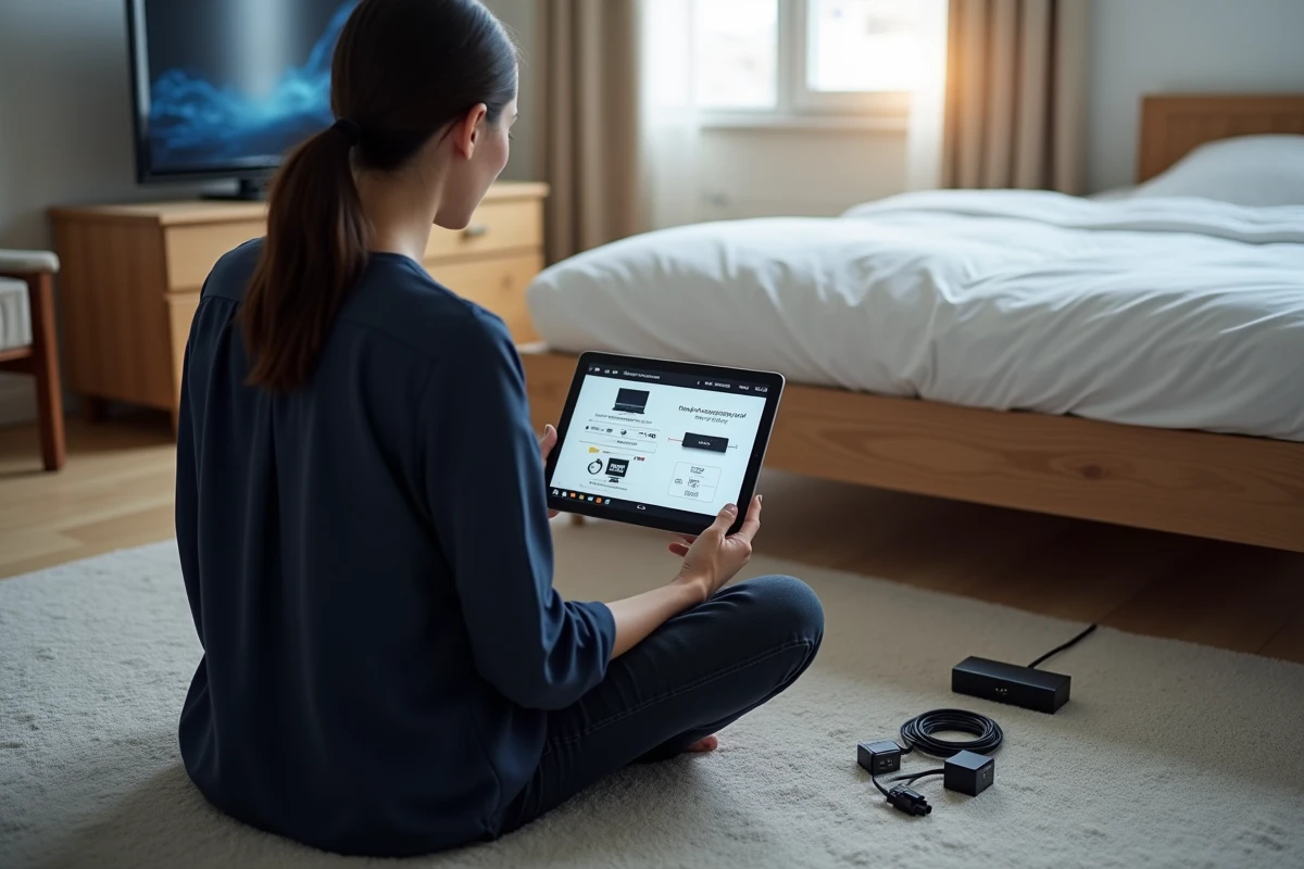Femme consultant un guide sur tablette pour relier deux téléviseurs à un seul décodeur dans une chambre à coucher