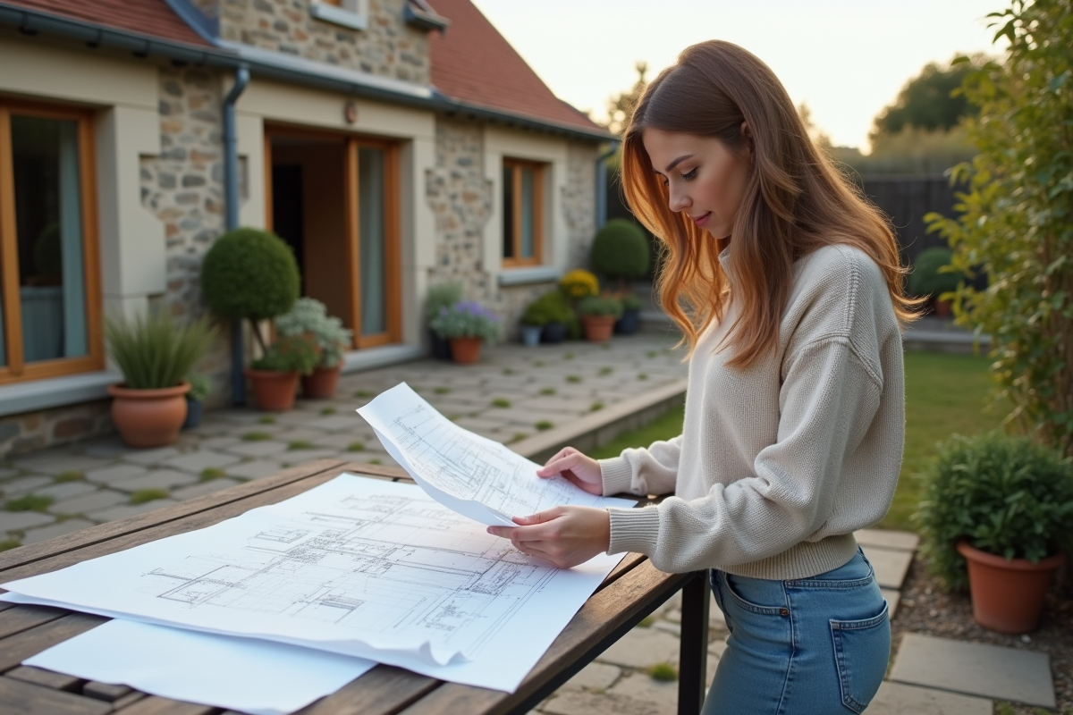 Femme lisant des plans de construction sur une terrasse rurale