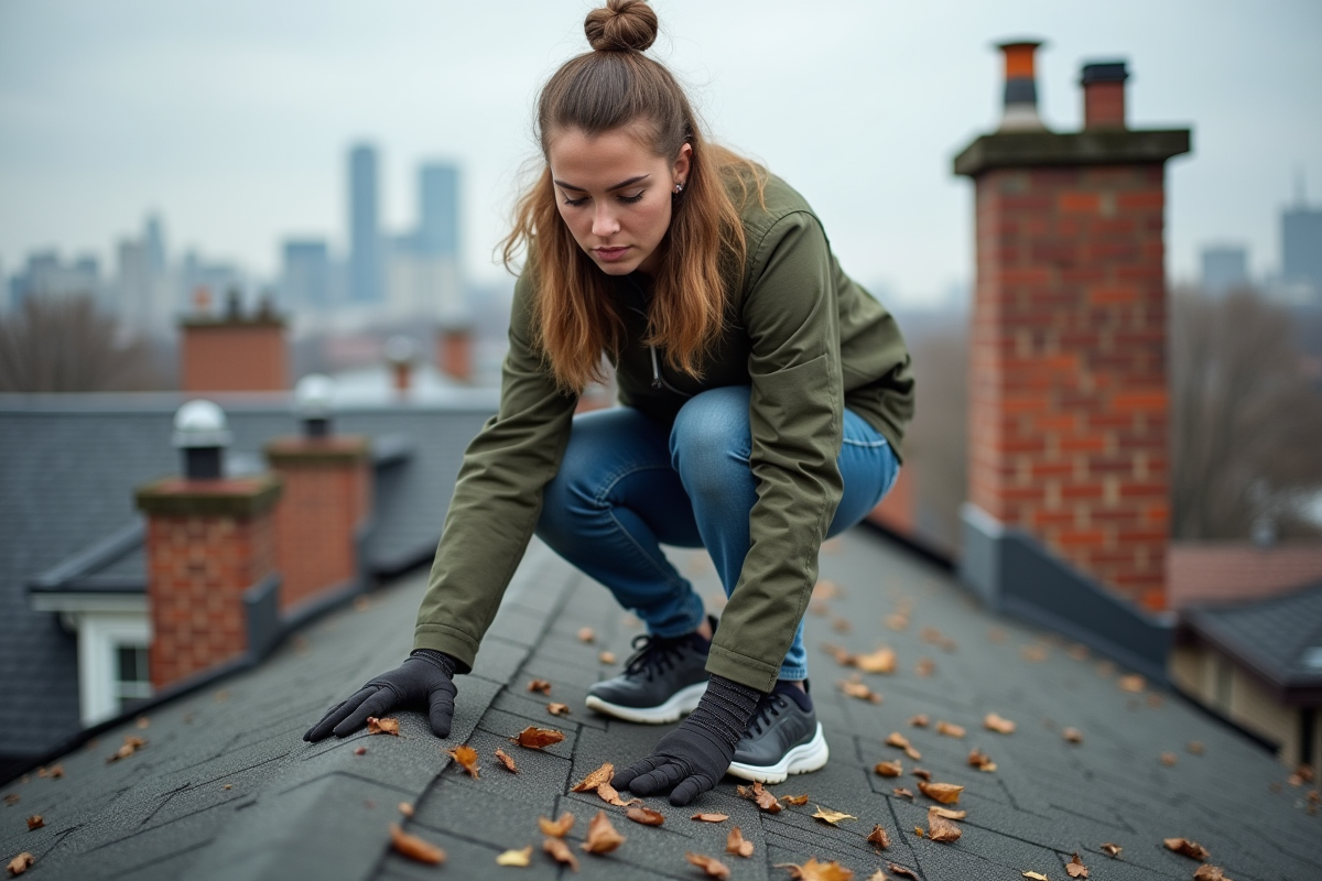 Femme inspectant prudemment un toit en milieu urbain