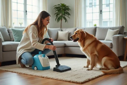 Femme lisant l'étiquette d'une lessive avant de l'utiliser dans une shampouineuse de tapis, avec un chien golden retriever assis à côté dans un salon