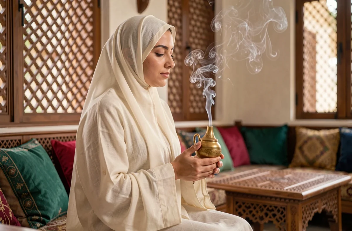 Femme en abaya tenant un mabkhara doré avec de l'encens bakhour dans un intérieur arabe élégant