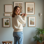 Femme arrangeant des cadres sur un mur dans un salon cosy