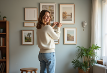 Femme arrangeant des cadres sur un mur dans un salon cosy
