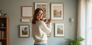 Femme arrangeant des cadres sur un mur dans un salon cosy