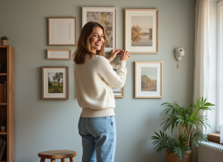 Femme arrangeant des cadres sur un mur dans un salon cosy
