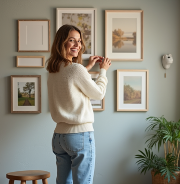 Organiser cadres mur: conseils agencement et décoration intérieure Femme arrangeant des cadres sur un mur dans un salon cosy