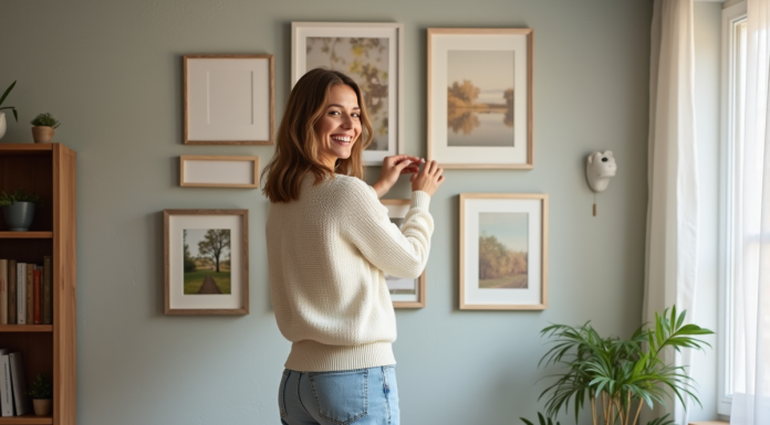 Femme arrangeant des cadres sur un mur dans un salon cosy