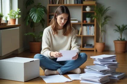 Femme organisée triant papiers dans un salon moderne