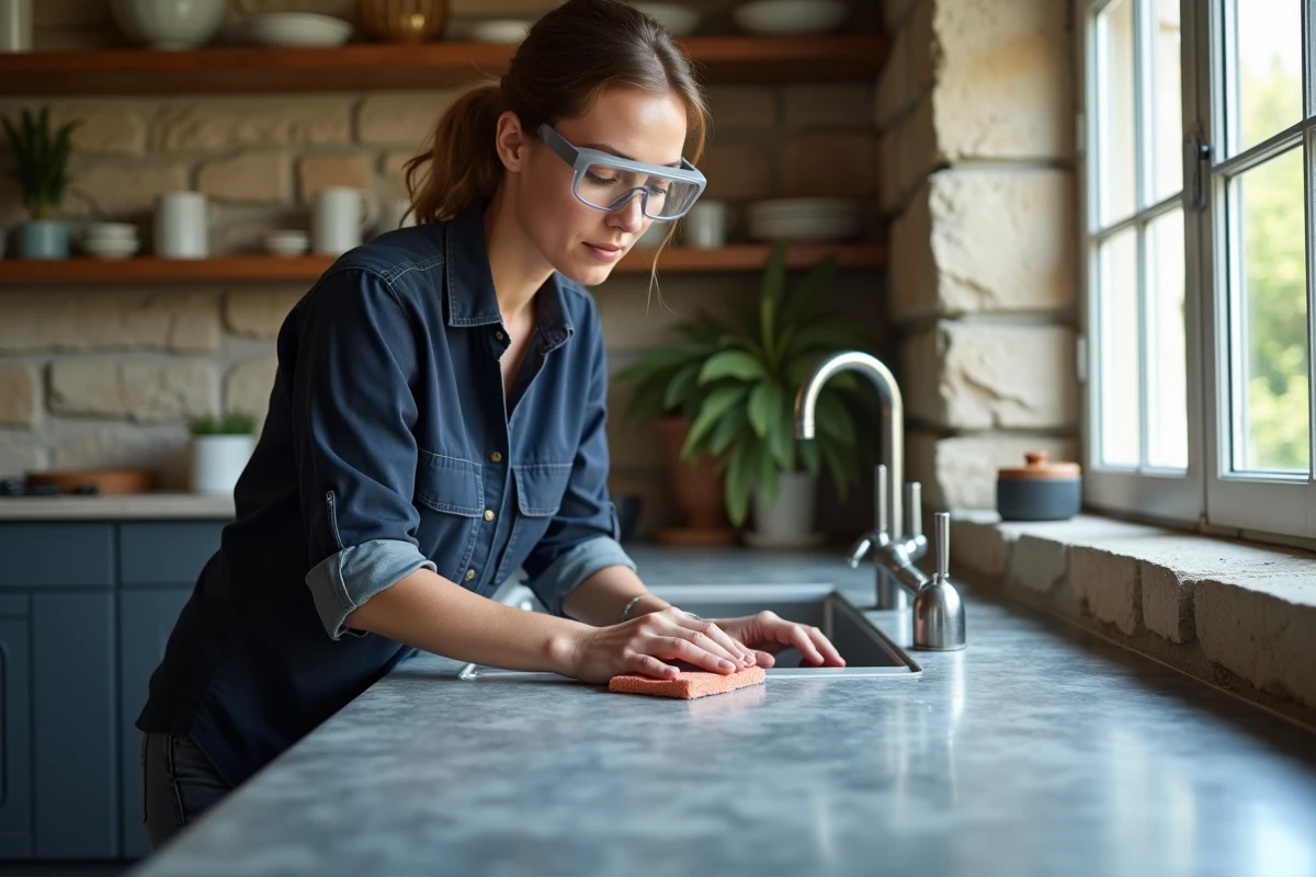 Femme patinant un plan de travail en zinc neuf dans une cuisine rustique avec une solution de vinaigre et sel