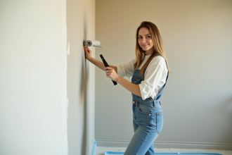Femme en train de peindre un mur intérieur avec un sourire naturel