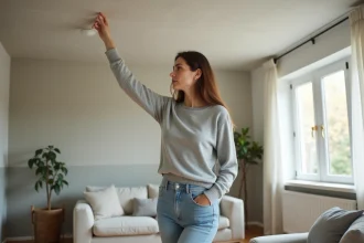 Femme regardant le plafond peint dans un salon moderne