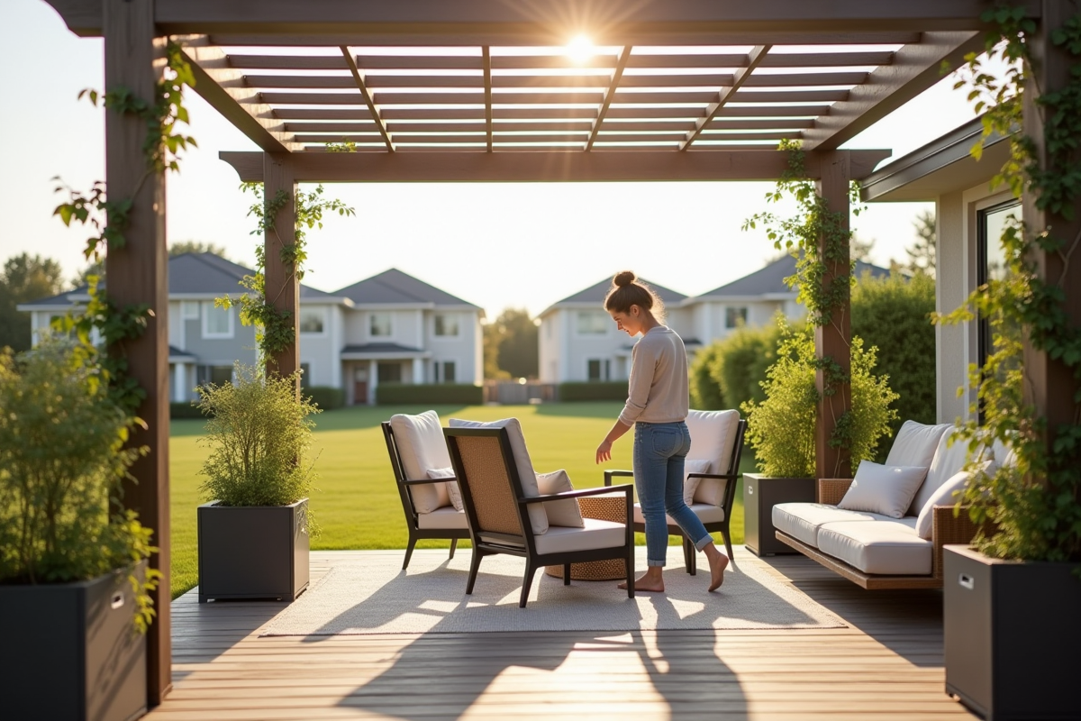 Jeune femme arrangeant des chaises sous une pergola moderne