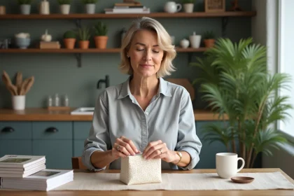 Femme plie une pochette cadeau en papier dans la cuisine