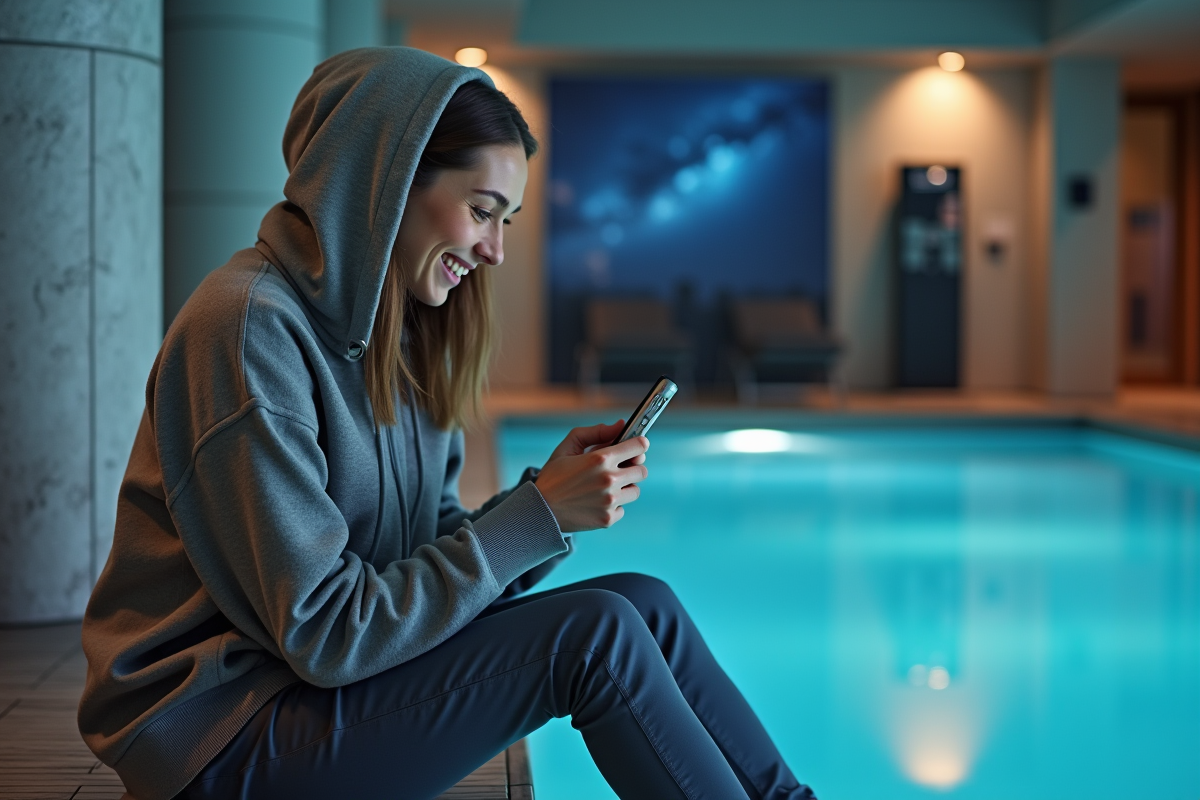 Femme souriante vérifiant la pompe à chaleur dans la salle de bain
