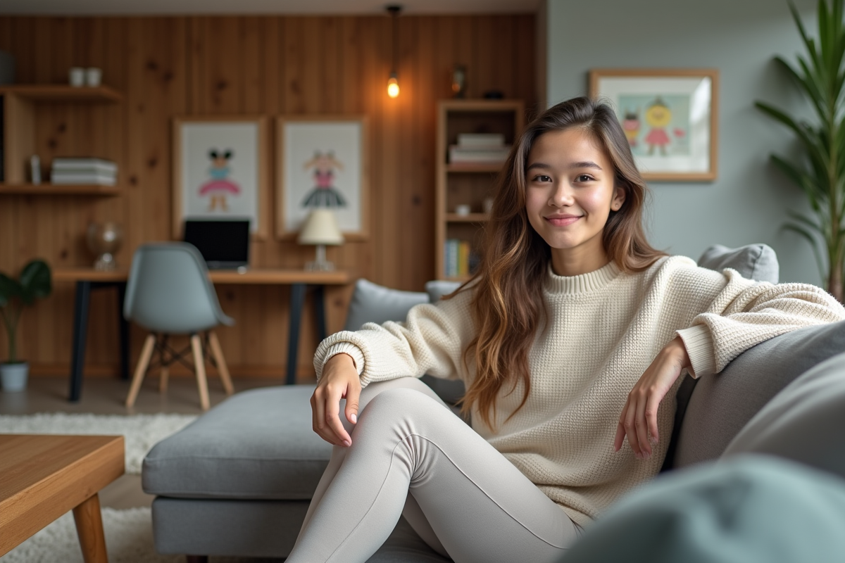 Jeune femme assise sur un canapé dans un sous-sol rénové