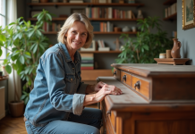 Femme souriante en denim et lin restaure un meuble ancien