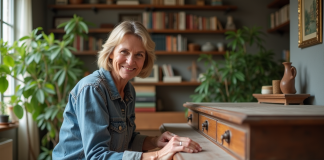 Femme souriante en denim et lin restaure un meuble ancien