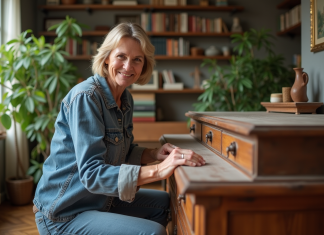 Femme souriante en denim et lin restaure un meuble ancien