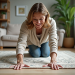 Femme d'âge moyen ajustant un tapis dans un salon cosy