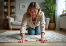 Femme d'âge moyen ajustant un tapis dans un salon cosy
