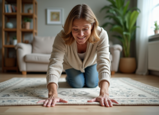 Femme d'âge moyen ajustant un tapis dans un salon cosy