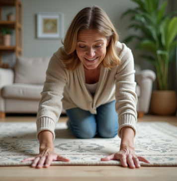 Empêcher les bords du tapis de s’enrouler : astuces efficaces pour y parvenir Femme d'âge moyen ajustant un tapis dans un salon cosy