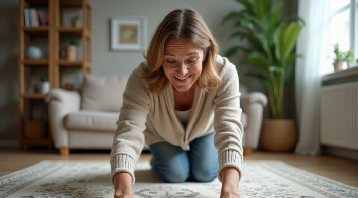 Femme d'âge moyen ajustant un tapis dans un salon cosy