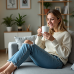 Jeune femme souriante sirotant un café dans un salon cosy