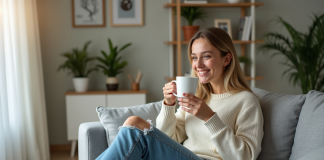 Jeune femme souriante sirotant un café dans un salon cosy