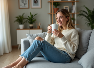 Canapé : quelle couleur choisir pour éviter les taches ? Jeune femme souriante sirotant un café dans un salon cosy