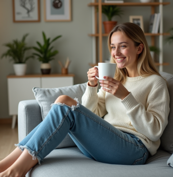 Canapé : quelle couleur choisir pour éviter les taches ? Jeune femme souriante sirotant un café dans un salon cosy