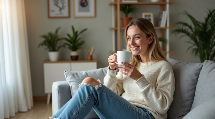 Jeune femme souriante sirotant un café dans un salon cosy