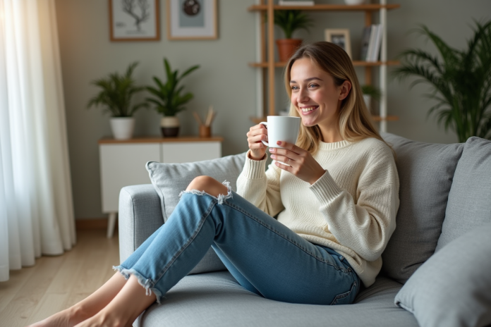 Jeune femme souriante sirotant un café dans un salon cosy