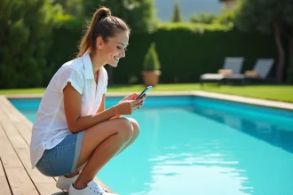 Femme assise au bord de la piscine avec smartphone