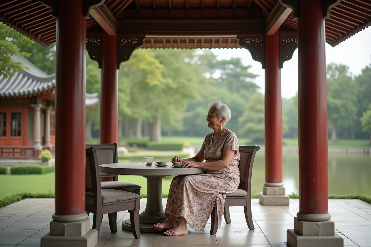 Femme souriante buvant du thé sous une pagode asiatique