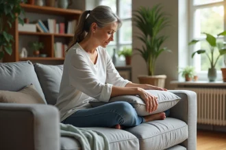Femme testant la fermete du canapé dans un salon lumineux