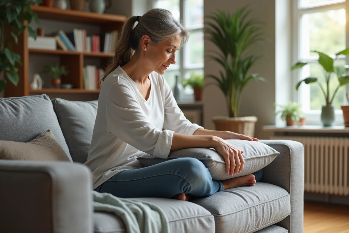 Femme testant la fermete du canapé dans un salon lumineux