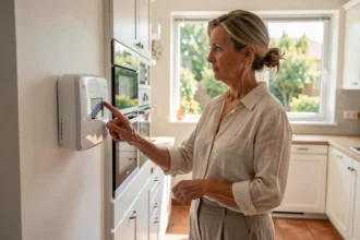 Femme appuyant sur le thermostat d'une pompe à chaleur murale en été dans une cuisine moderne
