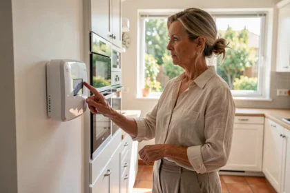 Femme appuyant sur le thermostat d'une pompe à chaleur murale en été dans une cuisine moderne