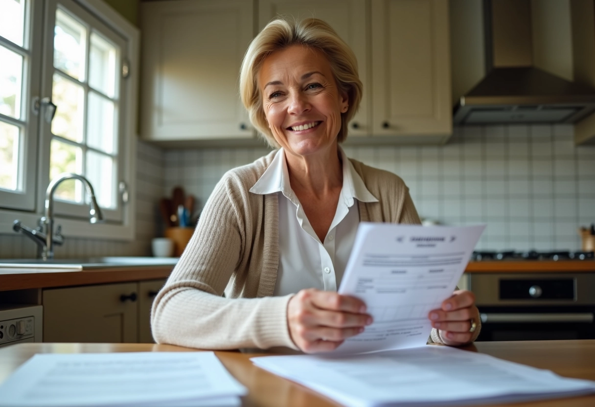 Femme triant des papiers dans une cuisine moderne