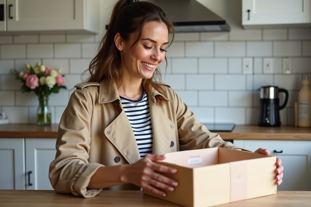 Femme souriante déballant une box parisienne dans une cuisine chaleureuse