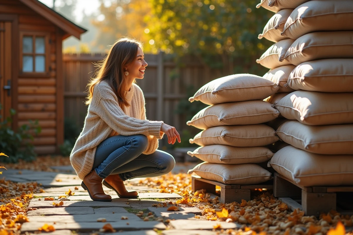 Femme v&eacute;rifiant des sacs de pellets dans son jardin