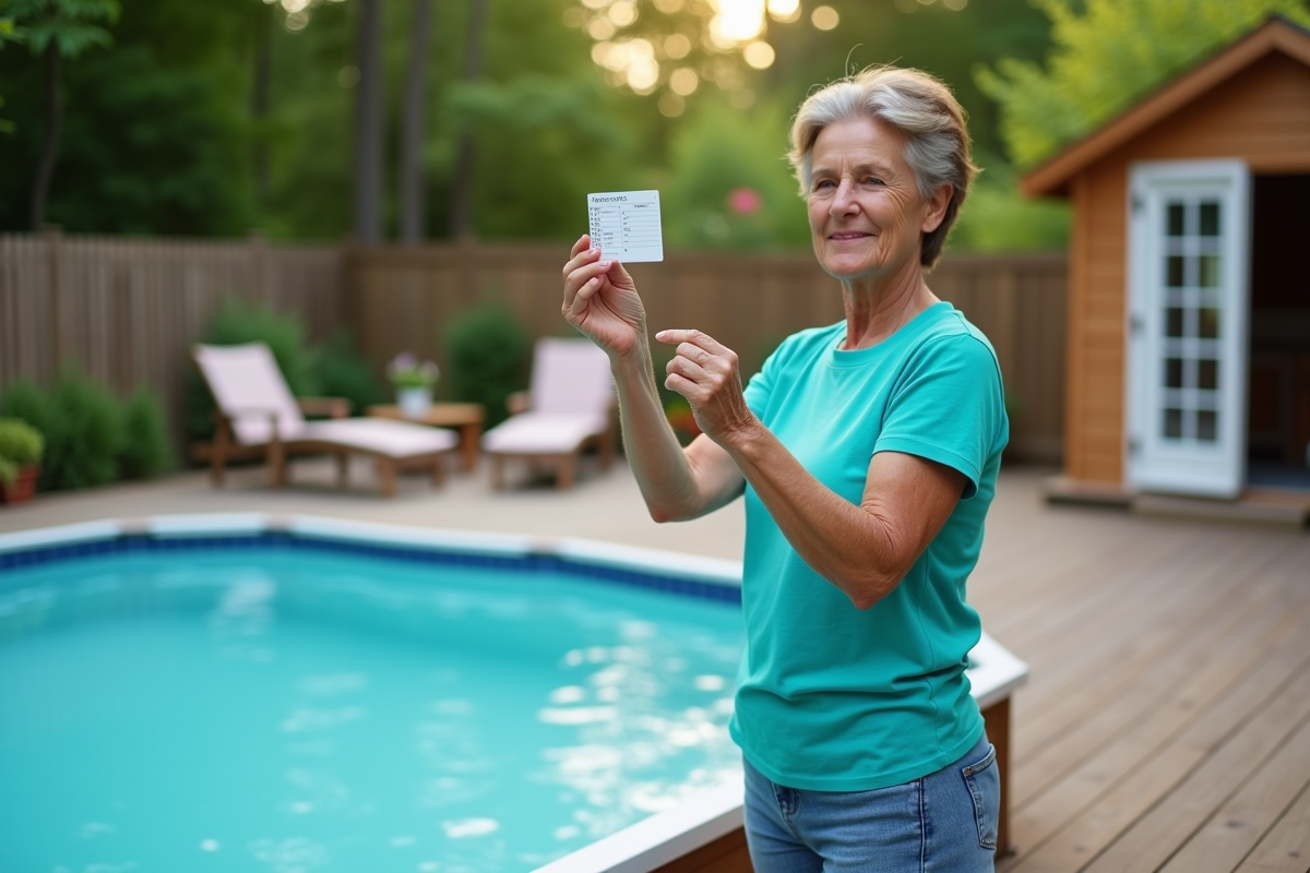 Femme vérifiant un test de sel de piscine avec une bandelette