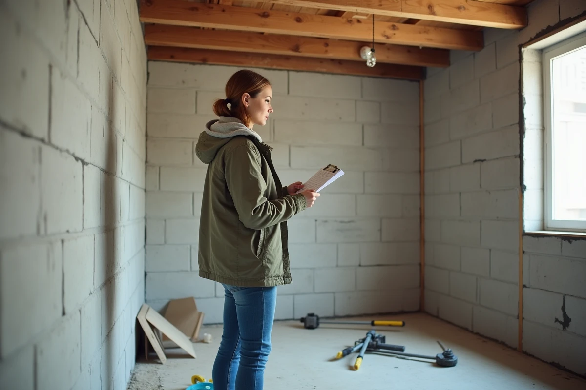 Jeune femme inspectant un mur isolé dans un intérieur