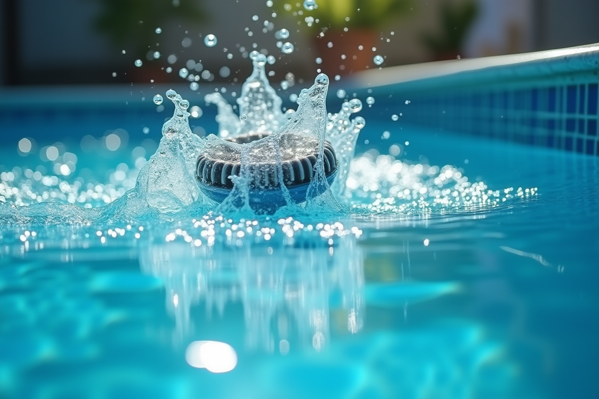 Eau de piscine filtrée avec bulles et reflets du soleil