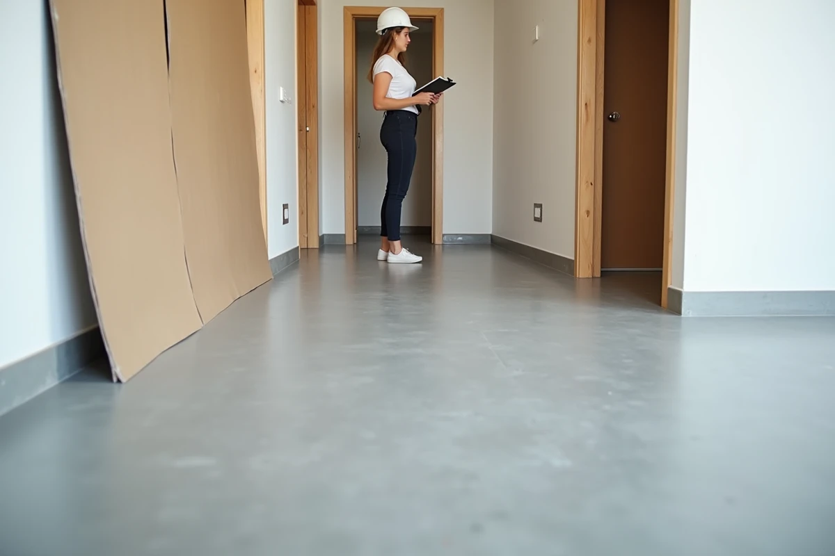 Chape béton finition lisse dans appartement rénové avec architecte vérifiant les niveaux de sol
