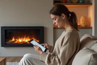 Femme utilisant une tablette devant un foyer connecté moderne dans un salon minimaliste contemporain