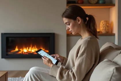 Femme utilisant une tablette devant un foyer connecté moderne dans un salon minimaliste contemporain