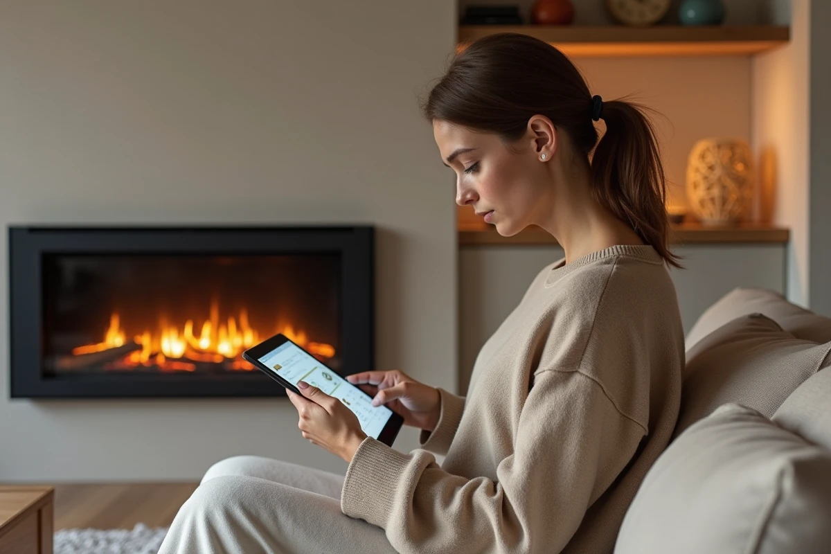 Femme utilisant une tablette devant un foyer connecté moderne dans un salon minimaliste contemporain