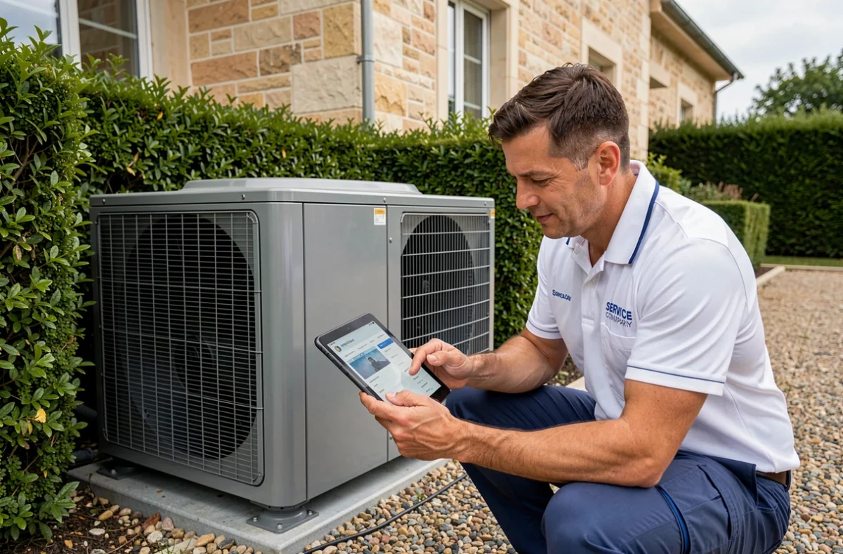 Technicien de Gaz Service inspectant une pompe à chaleur et une chaudière à gaz combinées devant une maison moderne en Indre-et-Loire